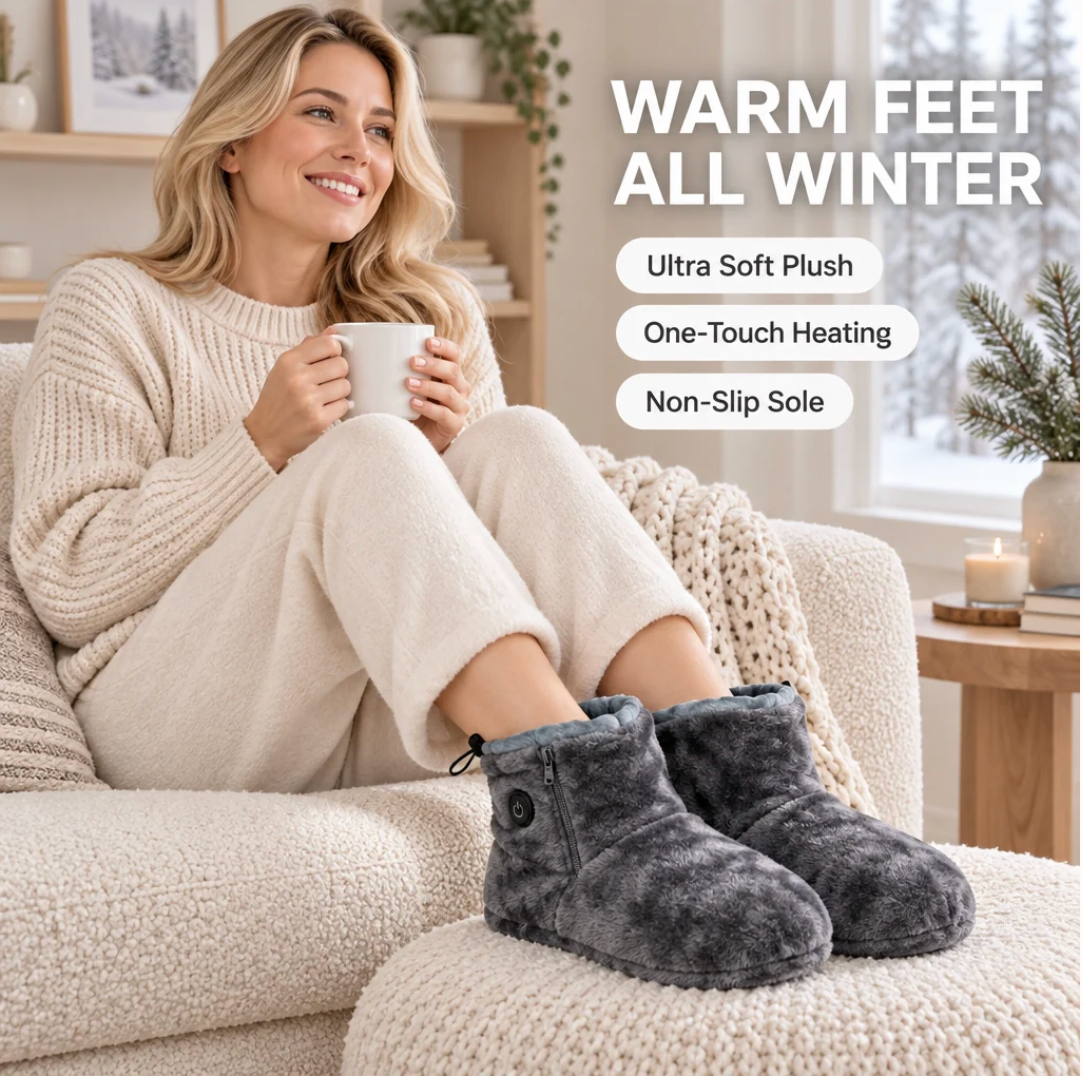 Cozy heated slippers keeping feet warm at home in winter